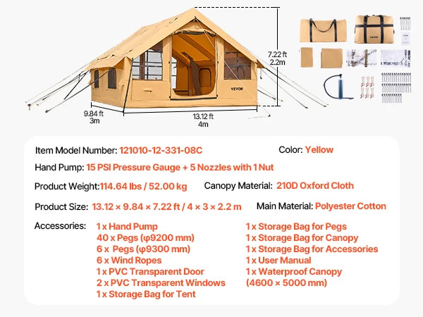 SucceBuy Inflatable Tents for Camping Easy Setup Blow up Tent with Hand Pump Glamping Tent with Skylight Stove Jack Mesh Windows