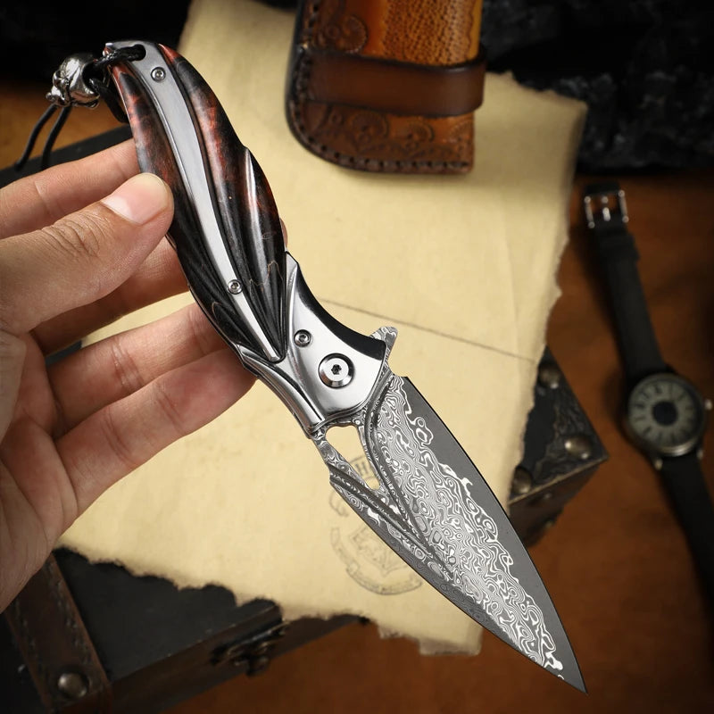 Canivete de aço de Damasco de alta qualidade, canivete EDC para homem, caça ao ar livre, canivete dobrável para campismo