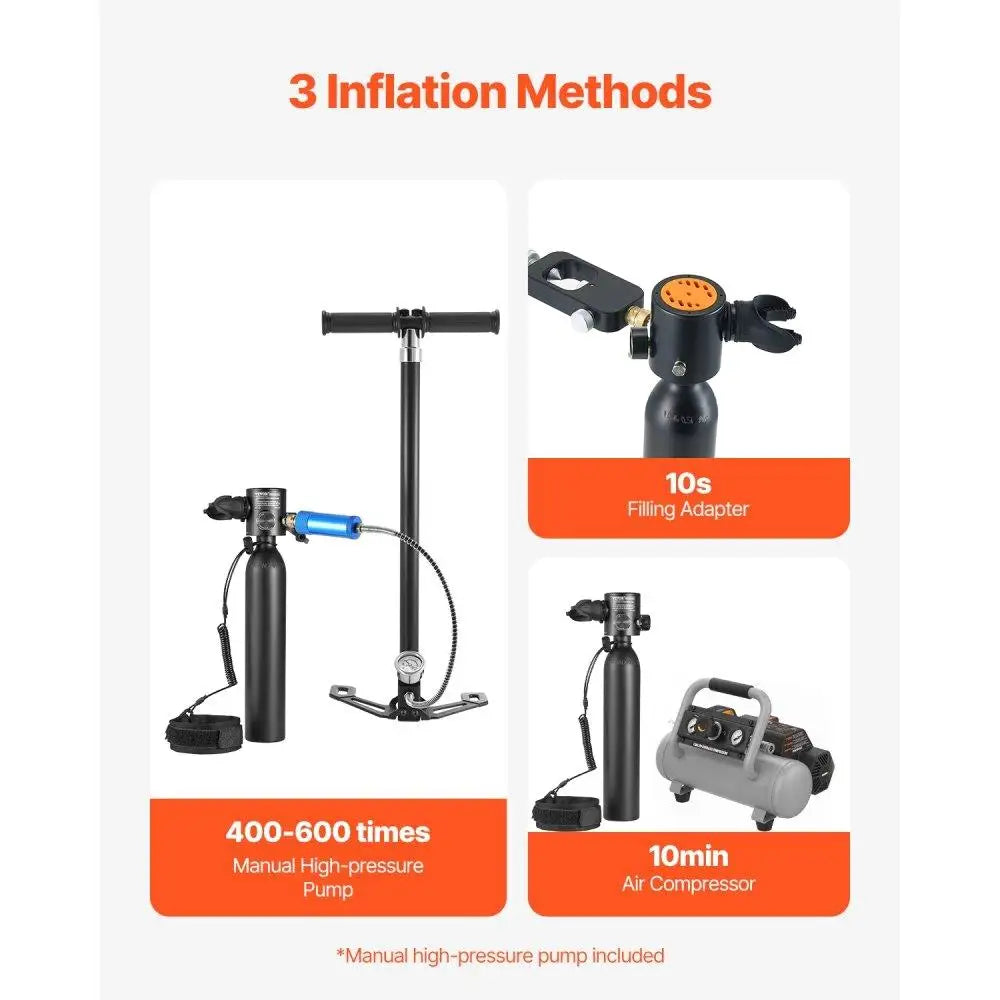 0.5L SCUBA TANK for DIVING and SNORKELING with REFILLABLE feature and Built-in PUMP up to 32.81FT