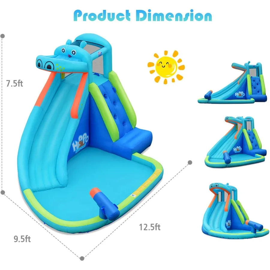 Inflatable Water Slide, Hippo Water Slide Park Jump Castle Bounce House w/Long Slide, Climbing, Water Cannon, Splash Pool, Backy
