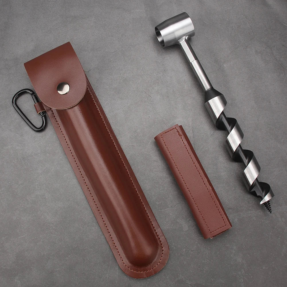 Hand Auger Wood Drill with Leather Case Mini Manual Wood Drill Multifunctional Outdoor Wood Punch Tool for Outdoor Camping