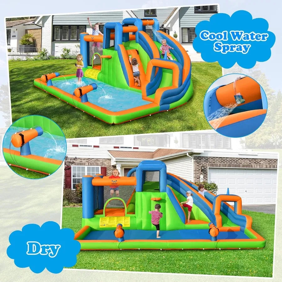 Inflatable Water Slide, Kids Water Park Jump Castle w/Large Splash Pool, 2 Climbing Walls & Cannons, Water Slides Inflatables fo