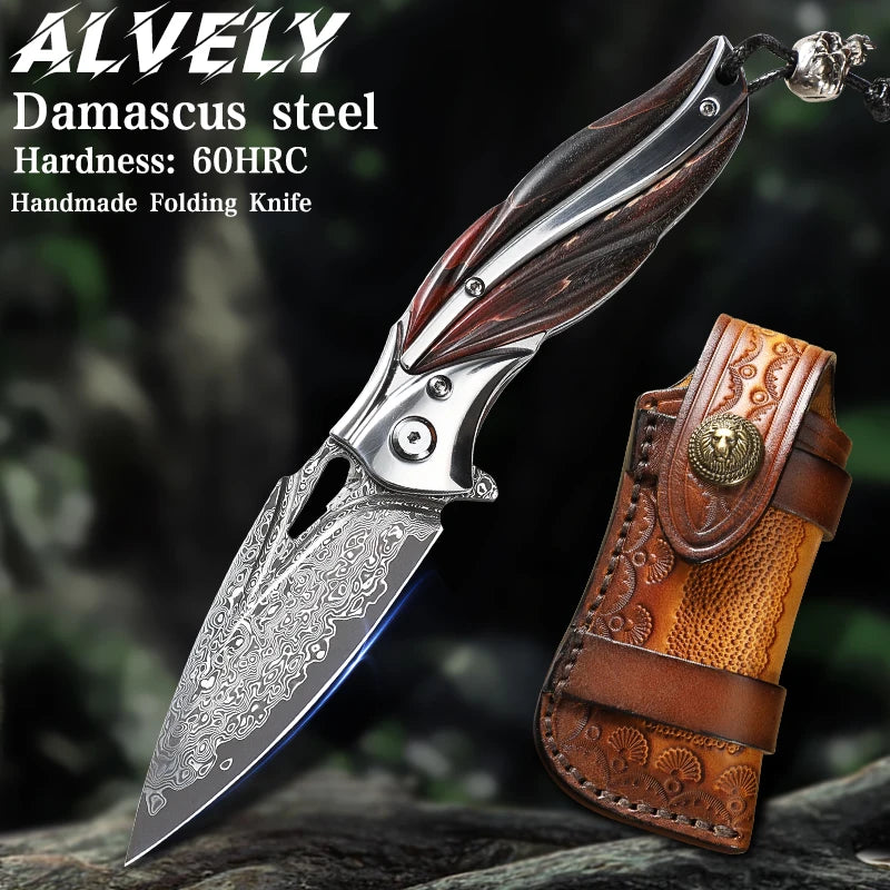 Canivete de aço de Damasco de alta qualidade, canivete EDC para homem, caça ao ar livre, canivete dobrável para campismo