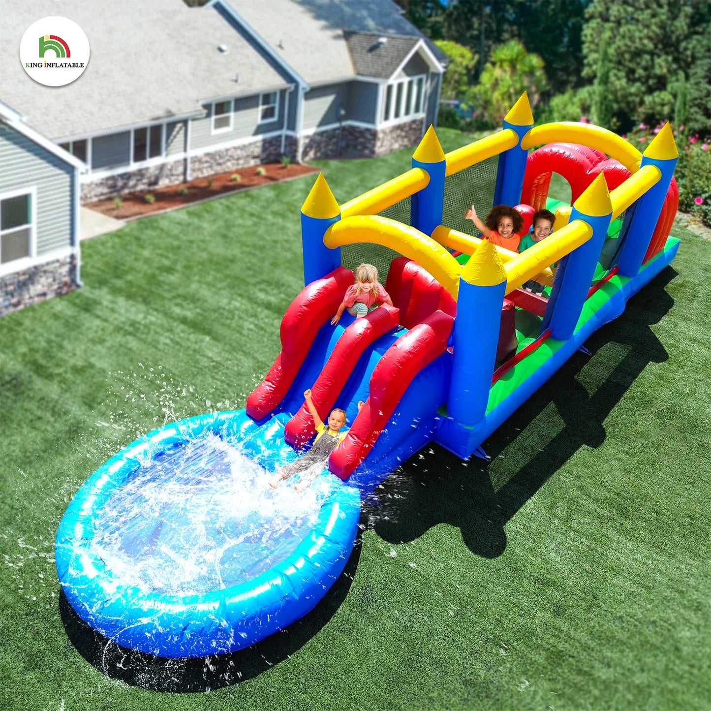 100% PVC Inflatable Macaroon  Water Sildes Ball Pool for Children Jungle Gym Water Play Equipment With 1100W Air Blower