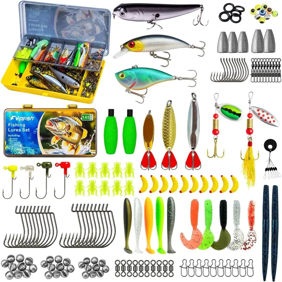 Complete 145Piece Fishing Tackle Box with Lures Jigs VIBs Minnows Soft Baits Floats Hooks and Weights AllinOne Fishing Gear Set