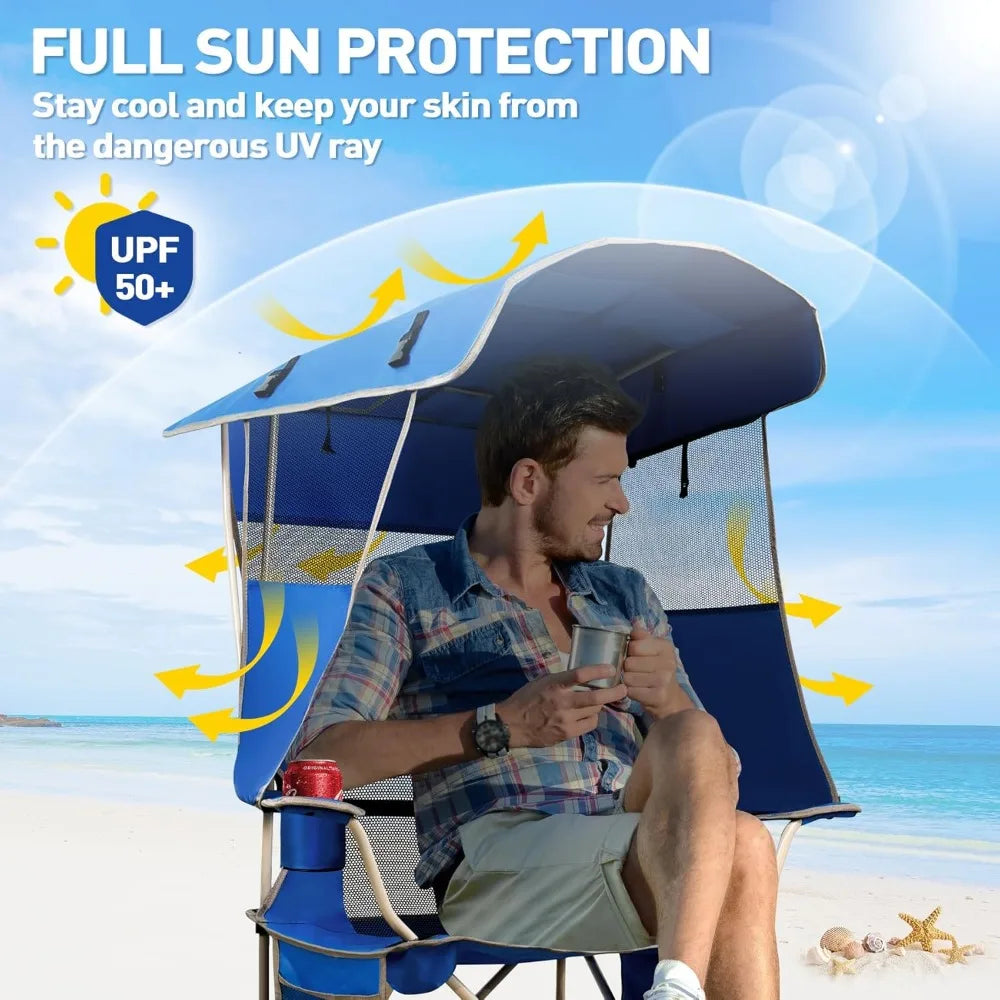 Camping chair with awning, cool bag for outdoor sports, sturdy steel frame, lawn with beach, fishing chair