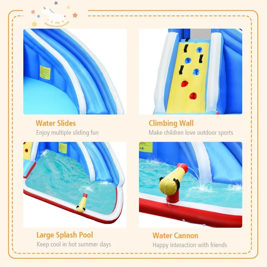 Inflatable Water Slide Shark Water Slide Park Jump Castle Bounce House w Long Slide Climbing Water Cannon Splash Pool Backyard