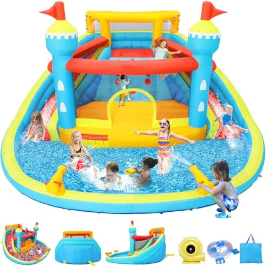 Inflatable Water Slide Bounce House 14.1x13.8x7.5FT Double Lane Mega Waterpark w Large Climbing Wall 2 Water Cannon and Giant S