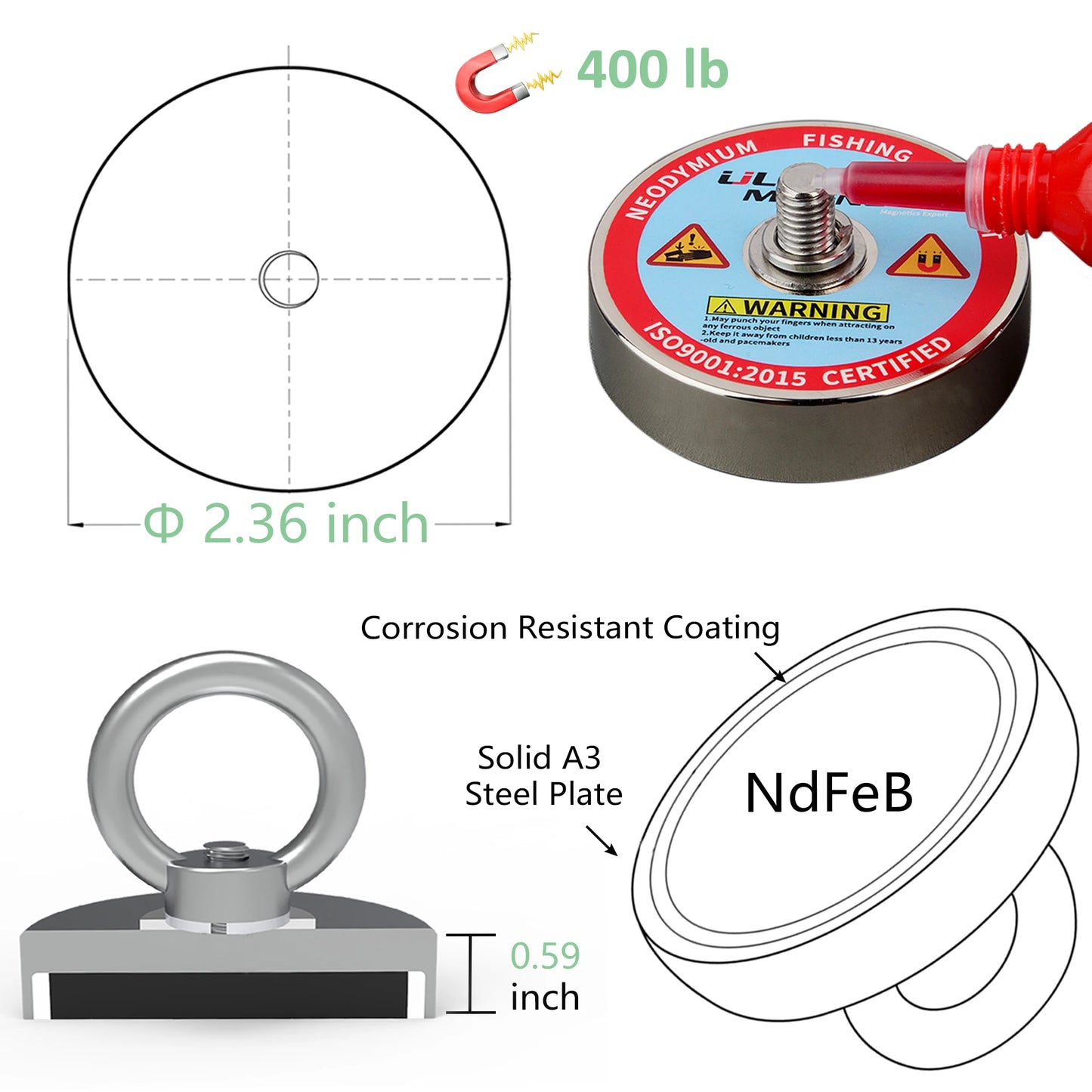 400lbs Strong Fishing Magnet Kit N52 Rare Earch 20M Rope Underwanter Metal Ring Neodymium Magnetic