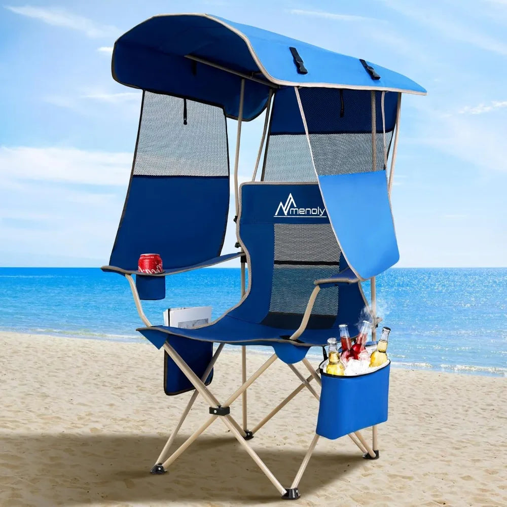 Camping chair with awning, cool bag for outdoor sports, sturdy steel frame, lawn with beach, fishing chair