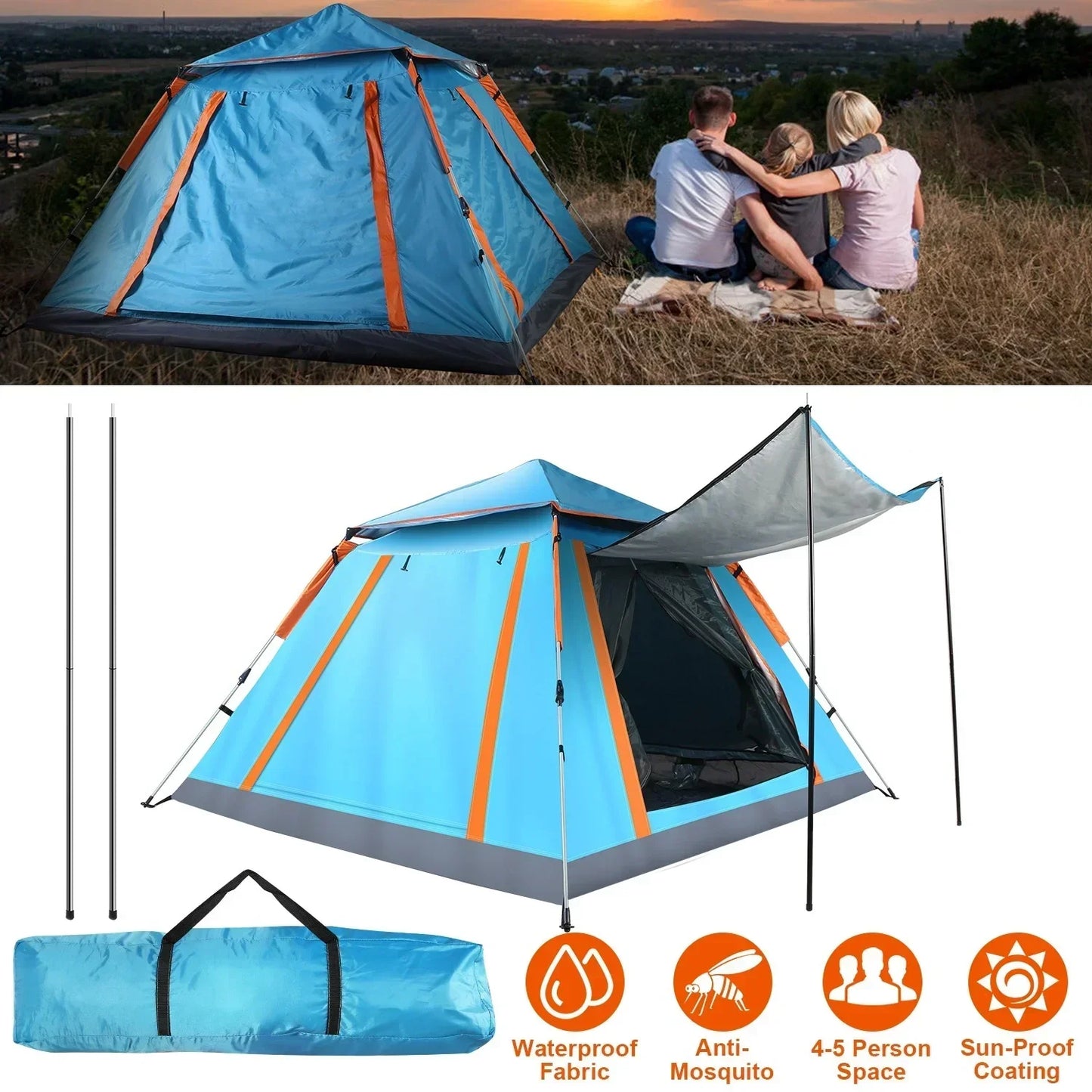 Automatic Quick Open Tent Sun-Protection Portable Hexagonal Tent Waterproof Beach Travel Tent for Family 4-5/5 People