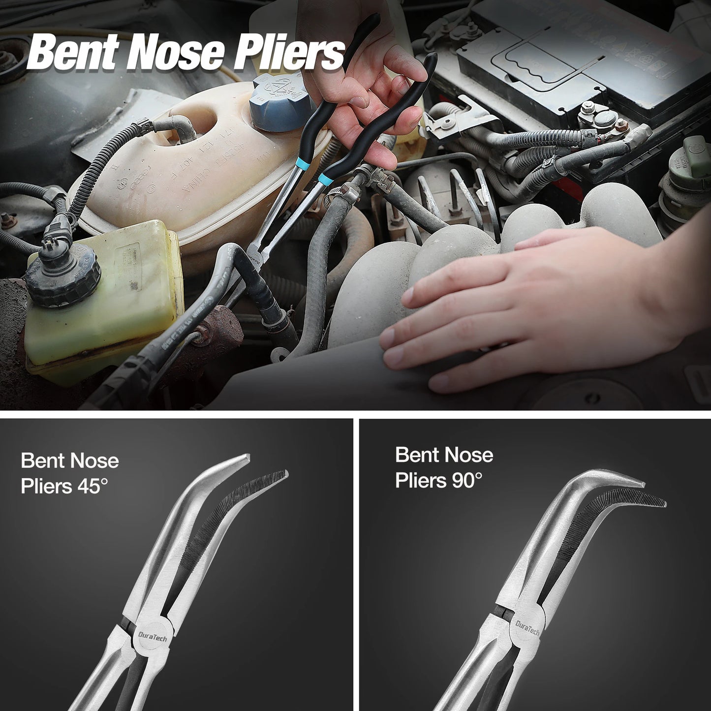 DURATECH 4 PCS Extra Long Needle Nose Pliers Set, Premium CRV Steel, 11" Long Reach Straight Pliers, 90° Bent Nose Pliers, 45°Be