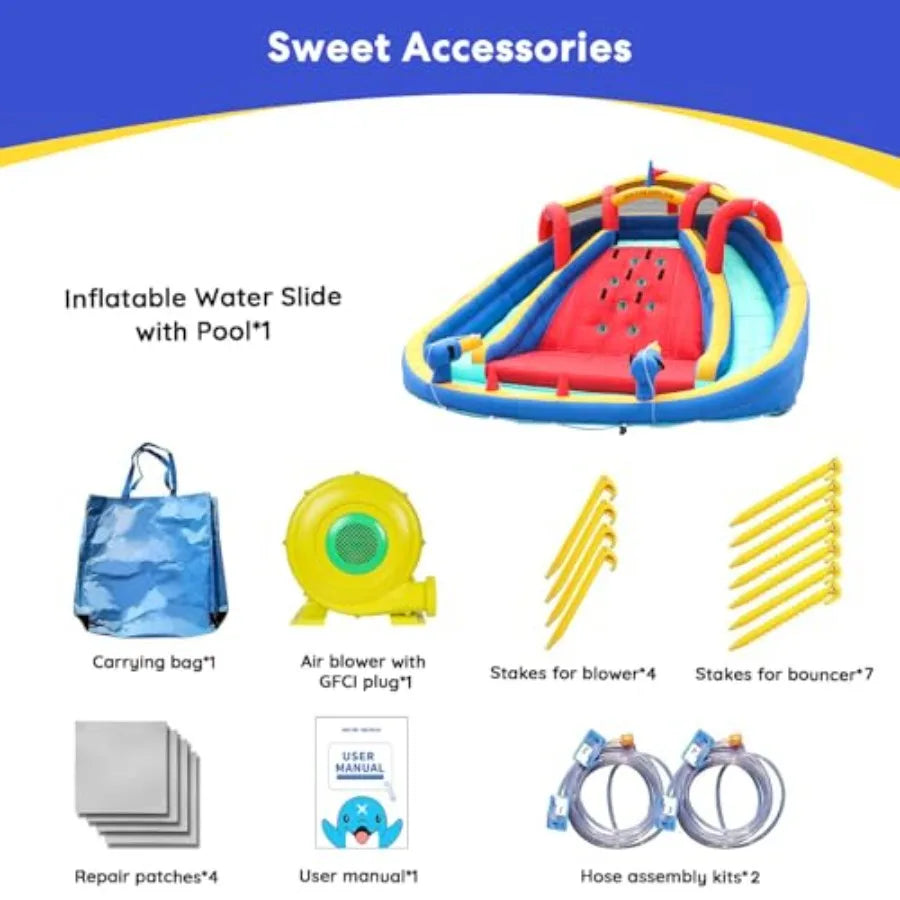 Inflatable Water Slide Bounce House with Dual Water Cannons and Slides 750W Blower for Dry Wet Play Splash Pool and Climbing Wa