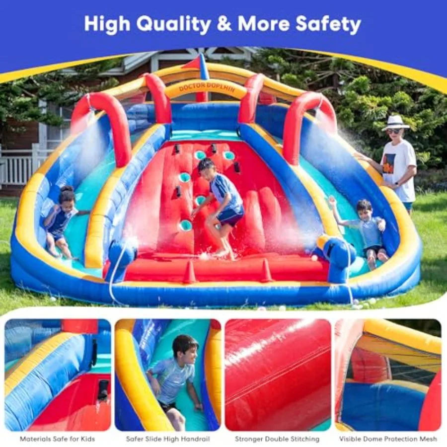 Inflatable Water Slide Bounce House with Dual Water Cannons and Slides 750W Blower for Dry Wet Play Splash Pool and Climbing Wa