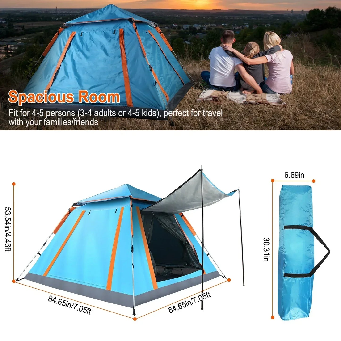 Automatic Quick Open Tent Sun-Protection Portable Hexagonal Tent Waterproof Beach Travel Tent for Family 4-5/5 People