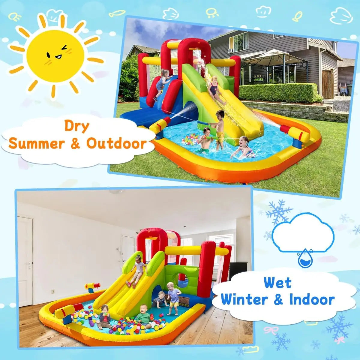 Bounce House Inflatable Water Slide for Kids, Water Park With Splash Pool, Double Cannon, 2 Climbing Walls, Obstacles, Blow Up J
