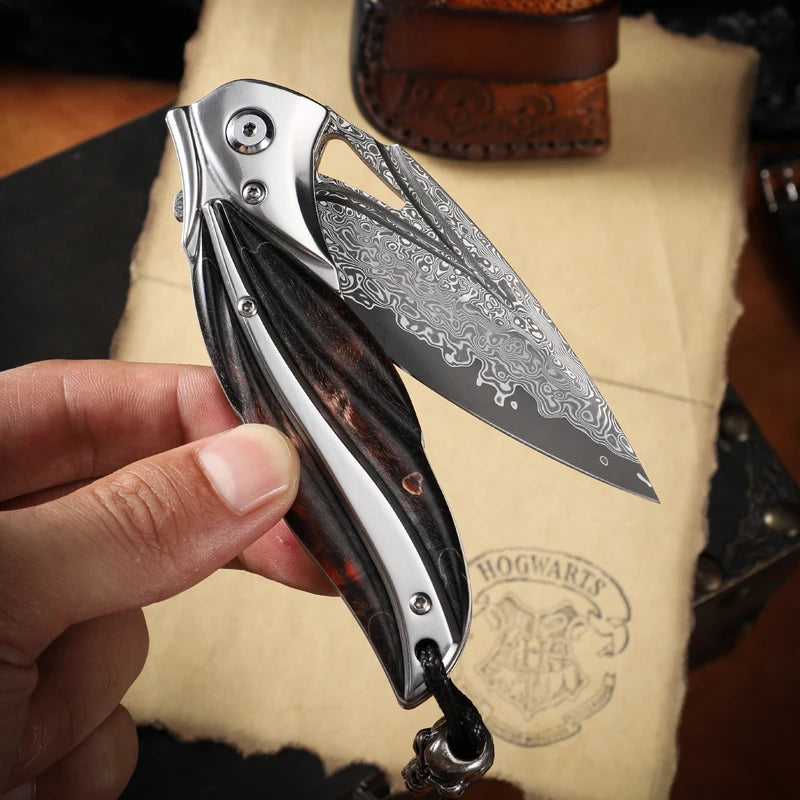 Canivete de aço de Damasco de alta qualidade, canivete EDC para homem, caça ao ar livre, canivete dobrável para campismo