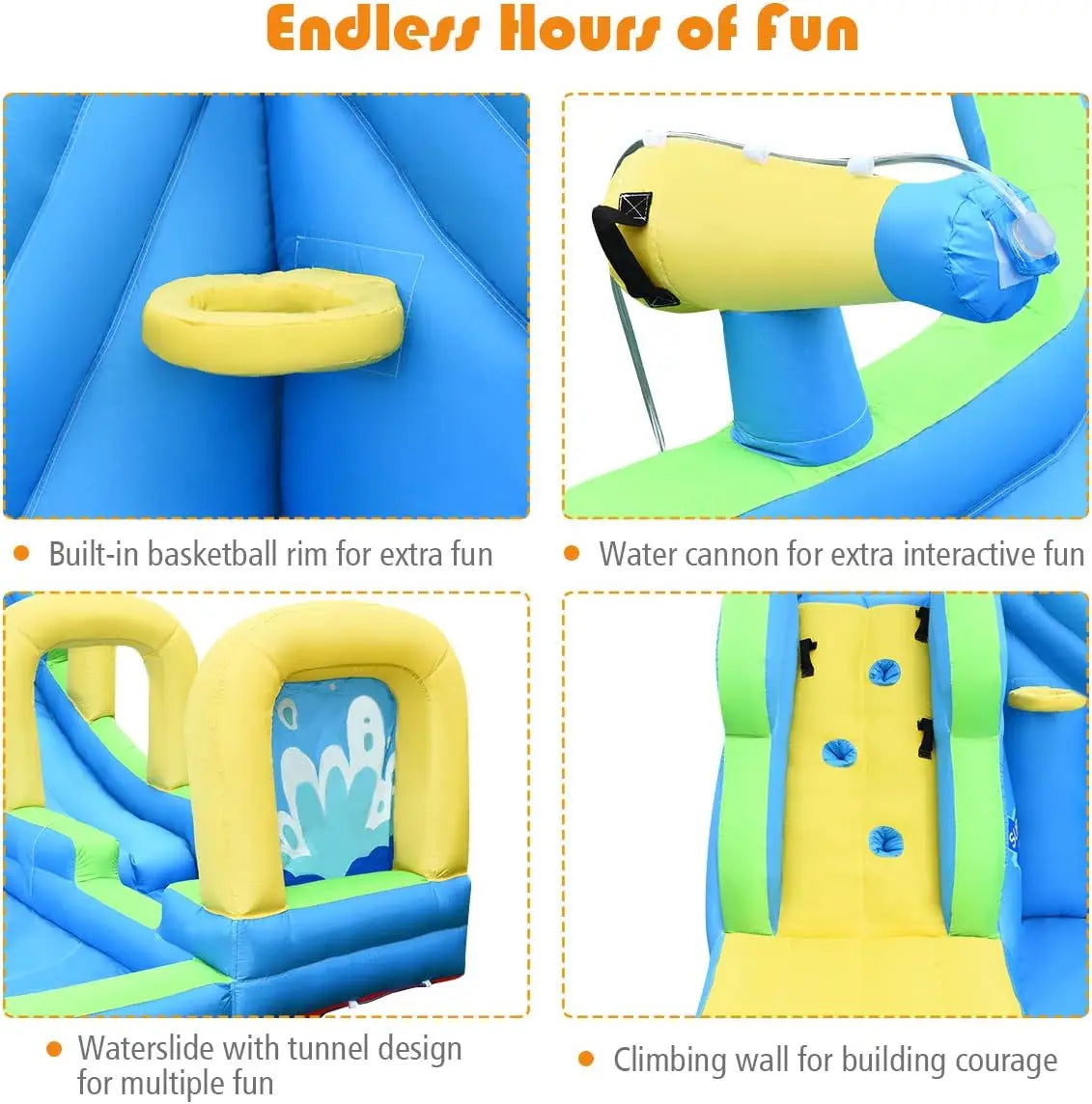 Inflatable Water Slide, Adventure Surfing Slide Kids Water Park Jump Castle with Climbing Wall, Dual Cannons, Backyard Party Out