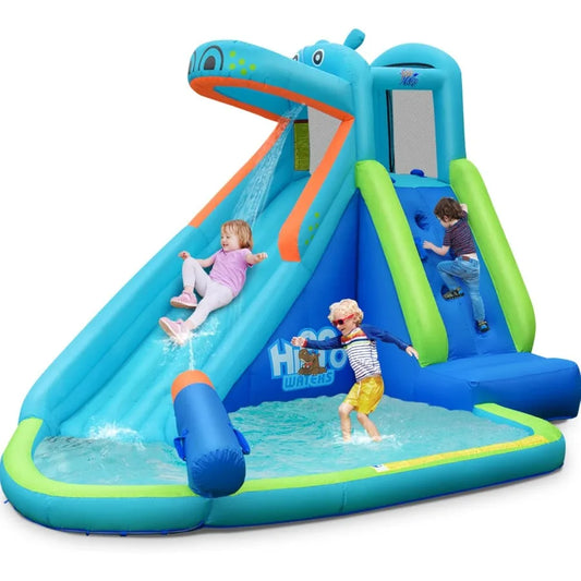 Inflatable Water Slide, Hippo Water Slide Park Jump Castle Bounce House w/Long Slide, Climbing, Water Cannon, Splash Pool, Backy