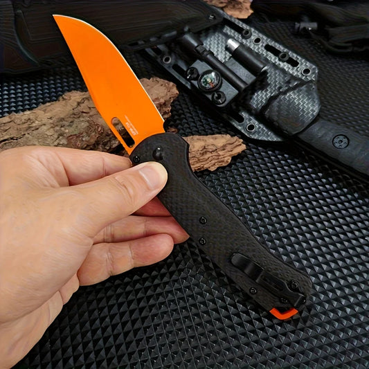 Multi functional folding knife, durable orange D2 steel blade, carbon fiber handle, men's gift, knife enthusiast collector