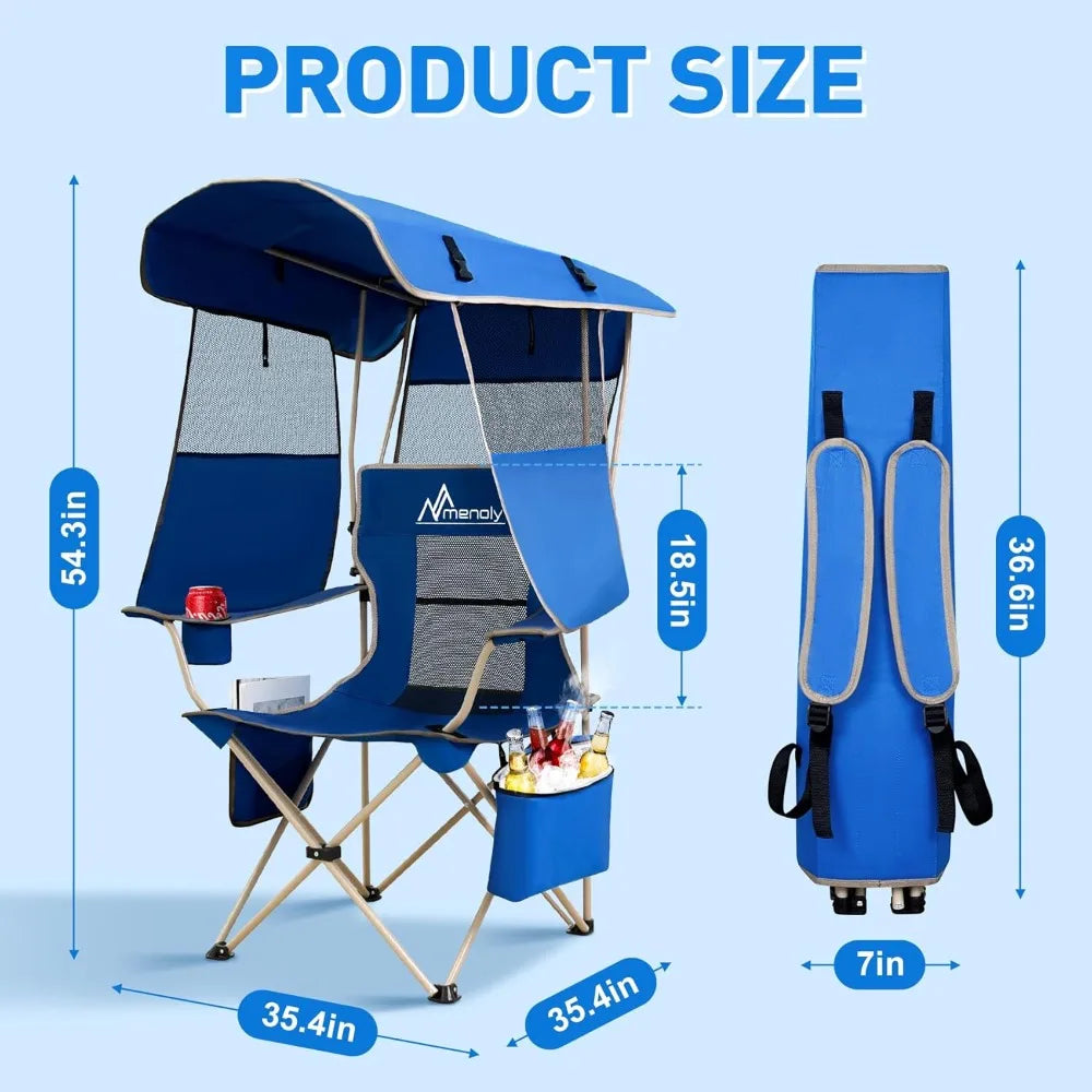 Camping chair with awning, cool bag for outdoor sports, sturdy steel frame, lawn with beach, fishing chair