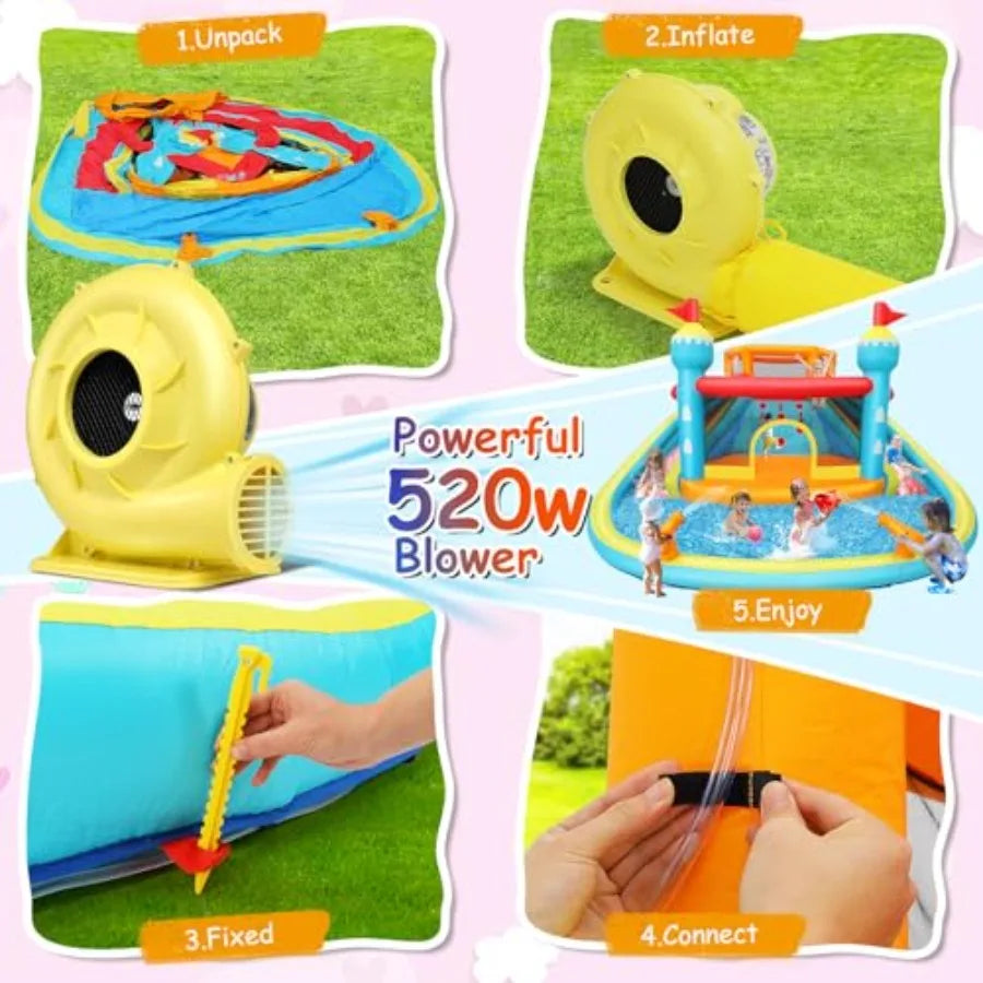 Inflatable Water Slide Bounce House 14.1x13.8x7.5FT Double Lane Mega Waterpark w Large Climbing Wall 2 Water Cannon and Giant S