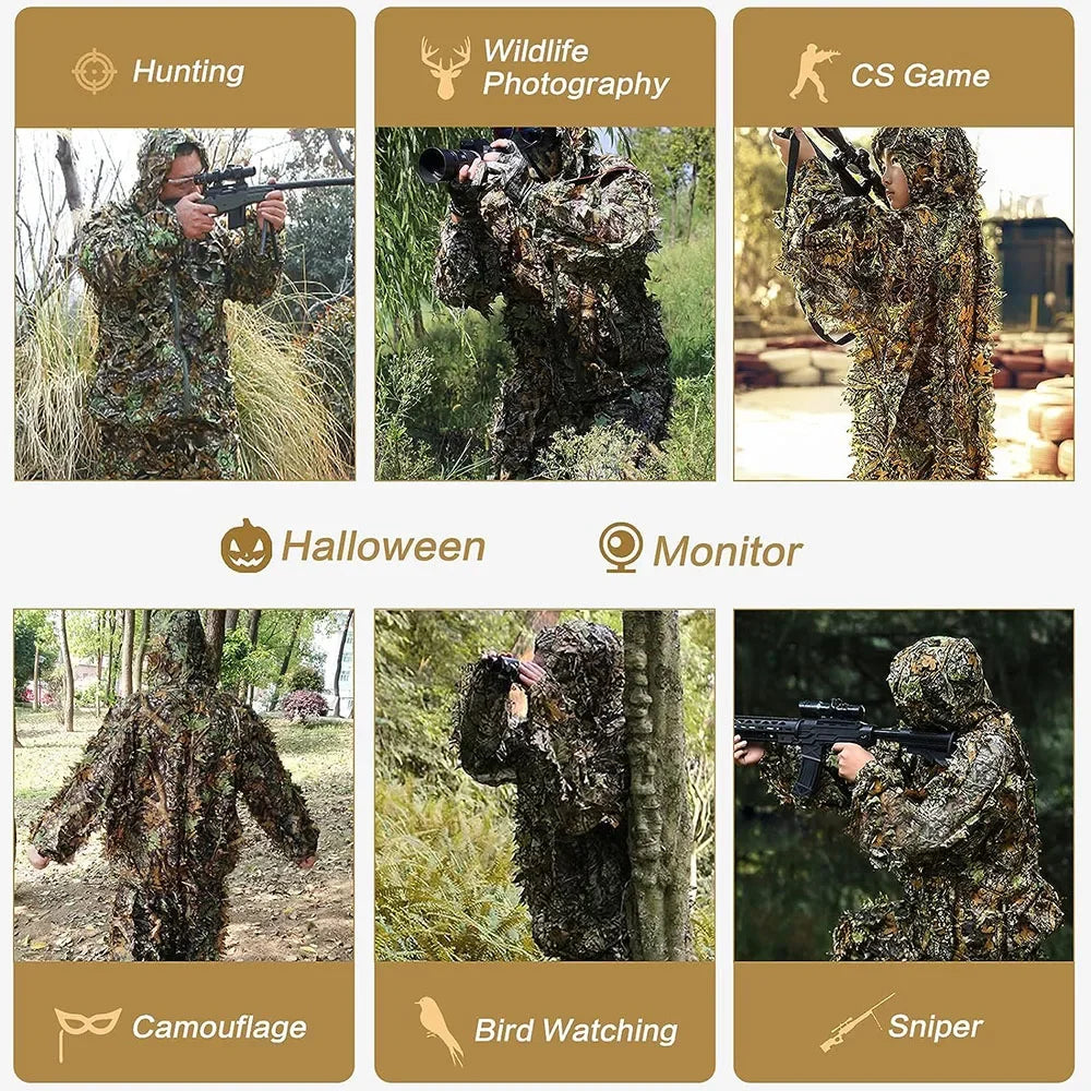 3D Ghillie Suit Tactical Outdoor Camouflage Clothes Leafy Bionic Jungle CS Shooting Suits Combat Clothes Set For Holiday Party