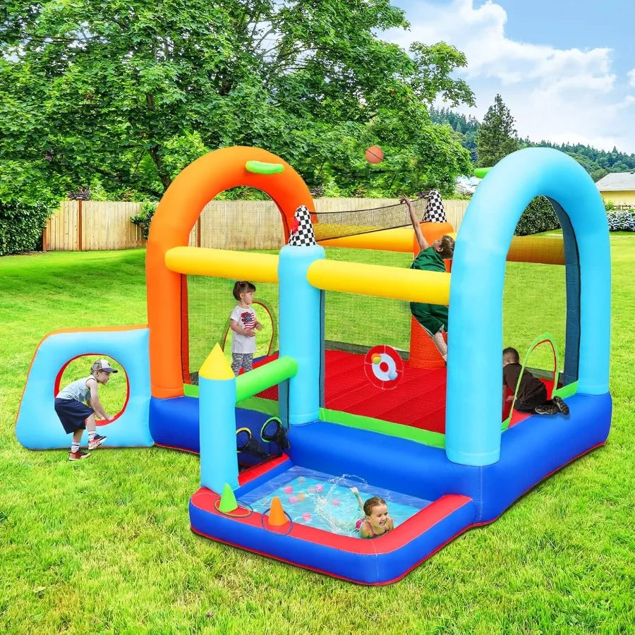 Inflatable Jumper Bounce House with Splash Pool & Beach Volleyball - Perfect Outdoor Fun for Kids! (Color)