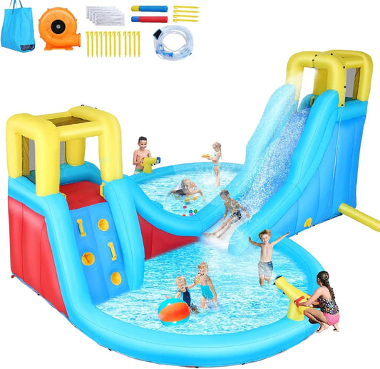 Big Inflatable Water Slides Park, Inflatable Play Center Kiddie Slide with Pool, Heavy-Duty for Backyard Fun, Climbing Wall, 2 S
