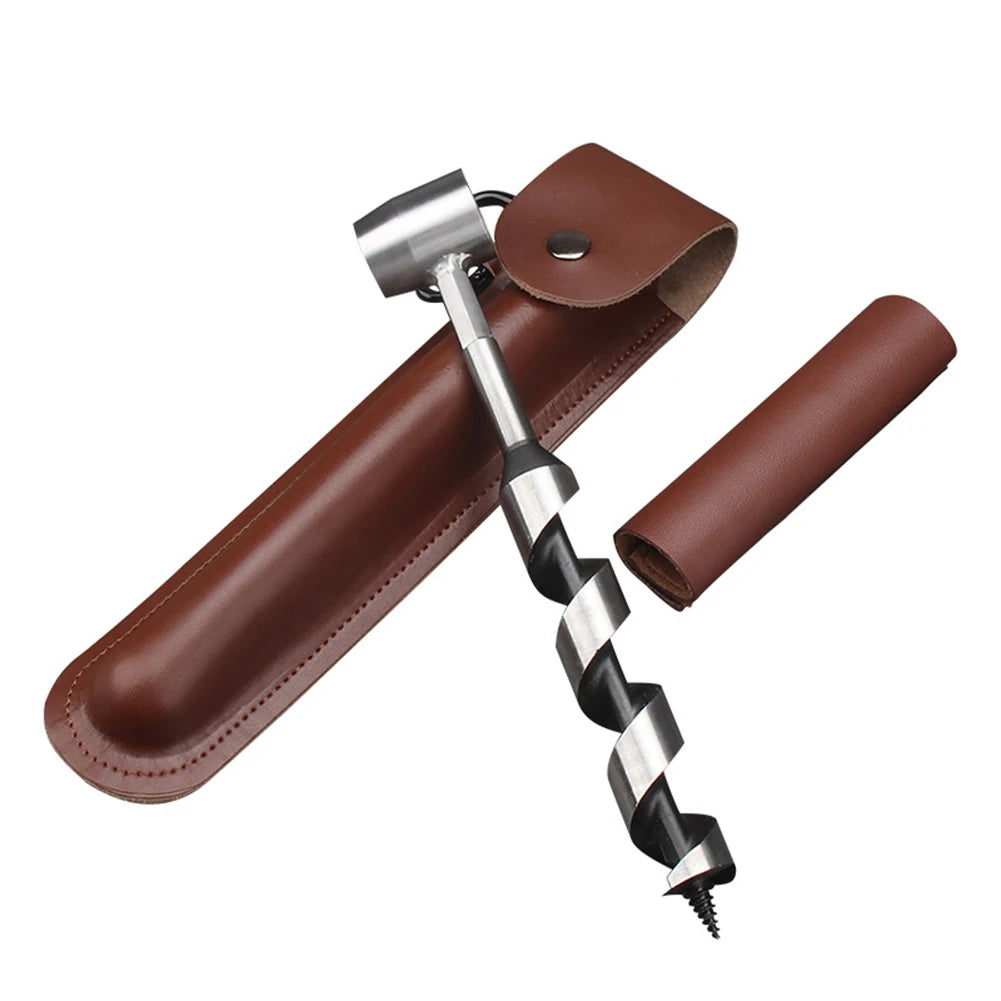 Hand Auger Wood Drill with Leather Case Mini Manual Wood Drill Multifunctional Outdoor Wood Punch Tool for Outdoor Camping