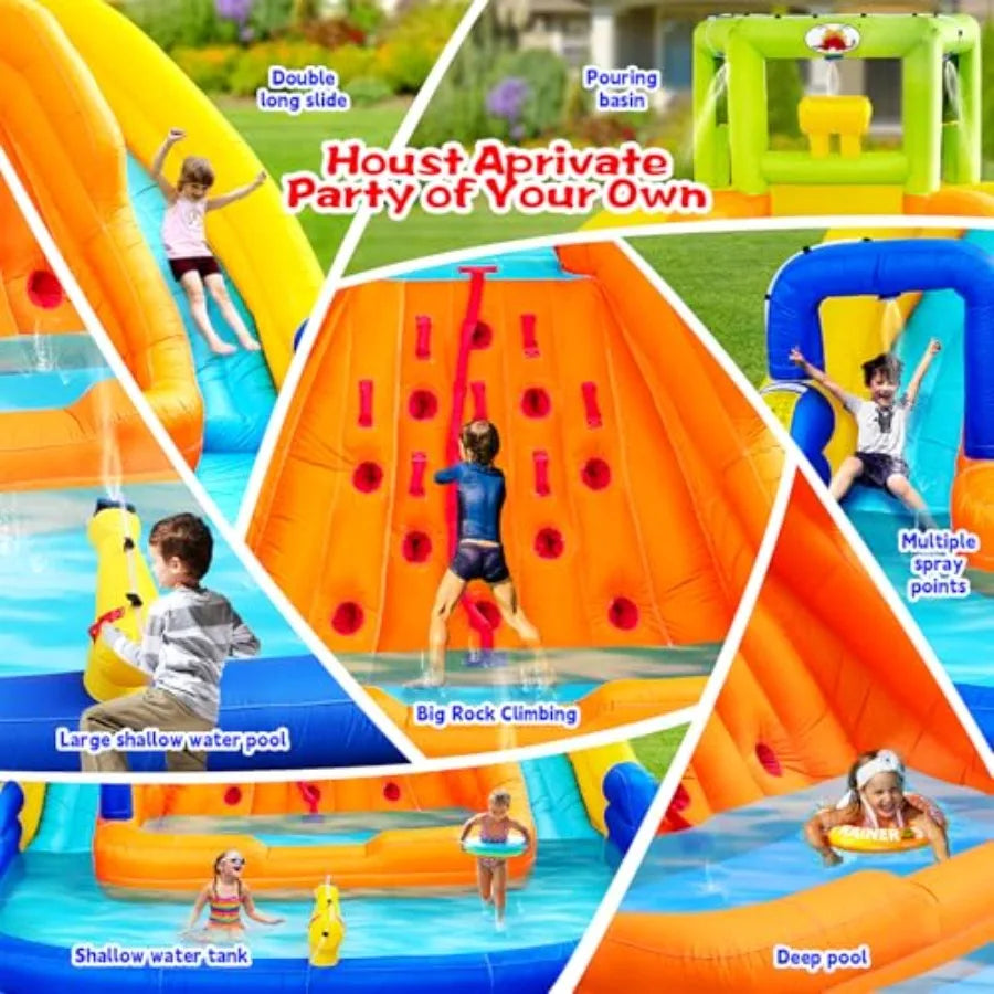 Inflatable Water Slide Bounce House with Water Bucket Deep Pool Climbing Wall with Rope Bouncy Castle with Air Blower