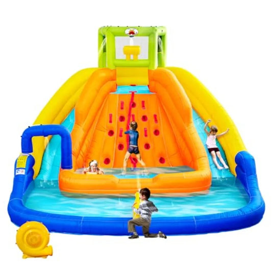 Inflatable Water Slide Bounce House with Water Bucket Deep Pool Climbing Wall with Rope Bouncy Castle with Air Blower