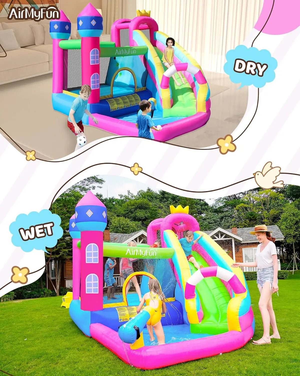 Inflatable Water Slide Pink Princess Bounce House for Big Kids 8-12 with Long Slide and Spray Water Gun for Kids Backyard Inflat
