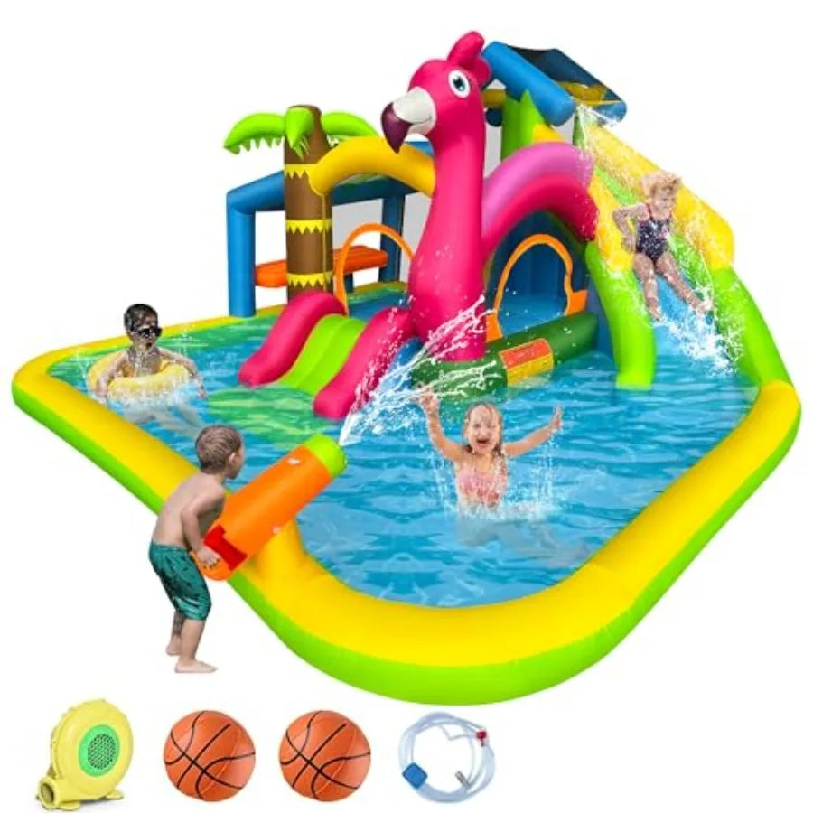 Inflatable Water Slide,Flamingo Water Park Bouncy Castle,9 in 1 Waterslides with Climbing Wall,Splash Pool,Toy Market Stand, Bou