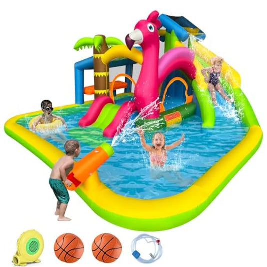 Inflatable Water Slide,Flamingo Water Park Bouncy Castle,9 in 1 Waterslides with Climbing Wall,Splash Pool,Toy Market Stand, Bou