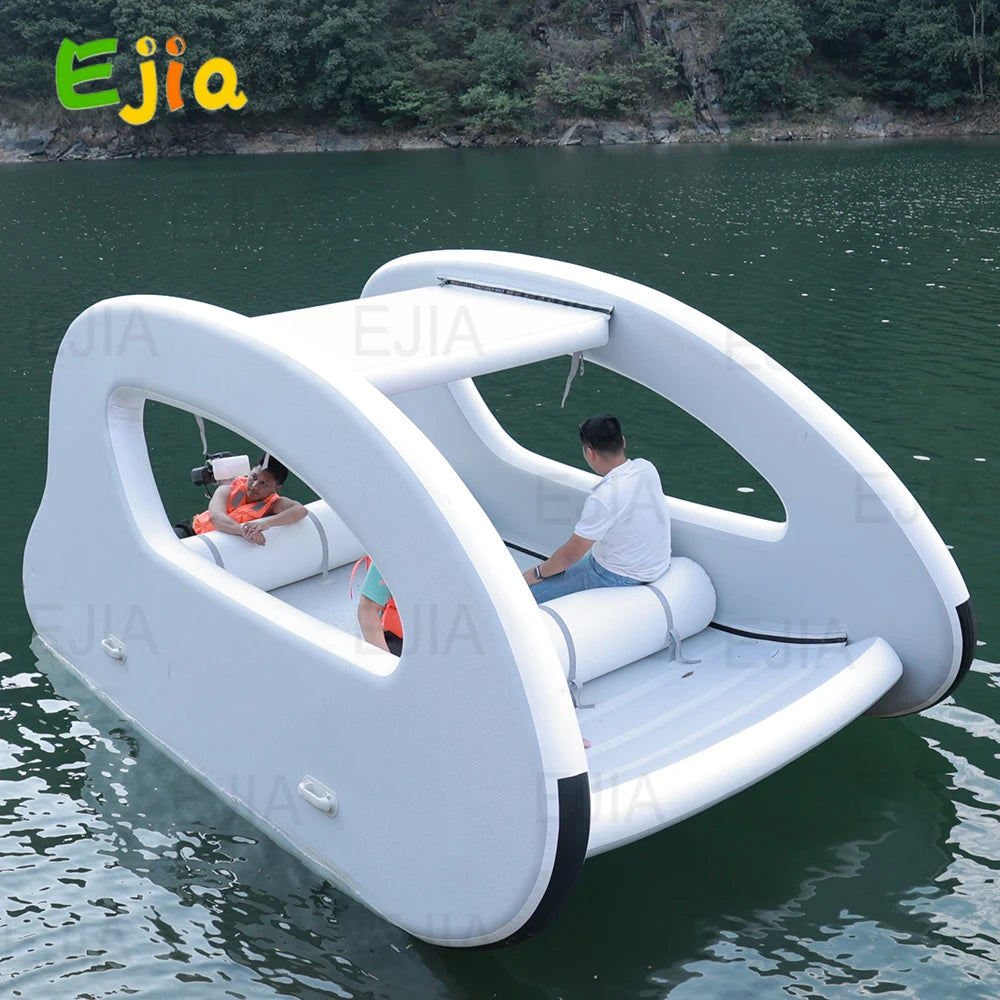 Stock Inflatable Catamaran Pontoon Boat Tubes with Steering & Fishing Rod Holder Electric House Boat For Ocean Lake Water Play