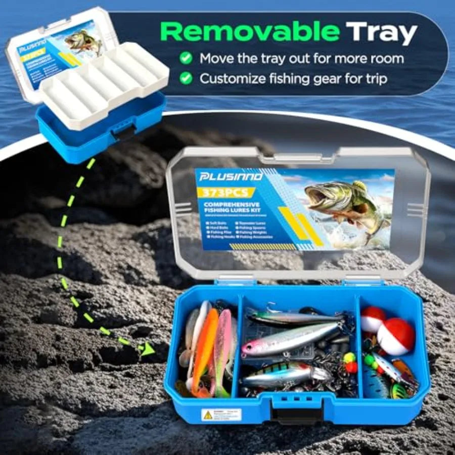 Fishing Tackle Box with 373PCS Lures Kit Including Removable Tray Complete Fishing Gear Set with Pliers Weights Hooks and Acces