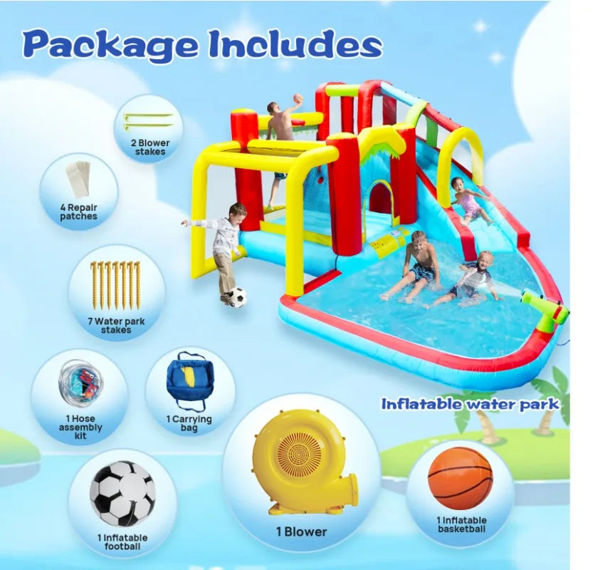 7 in1 Inflatable slide water park bouncing house outdoor Soccer garden bouncer with Splash pool & Water gun & Climbing wall
