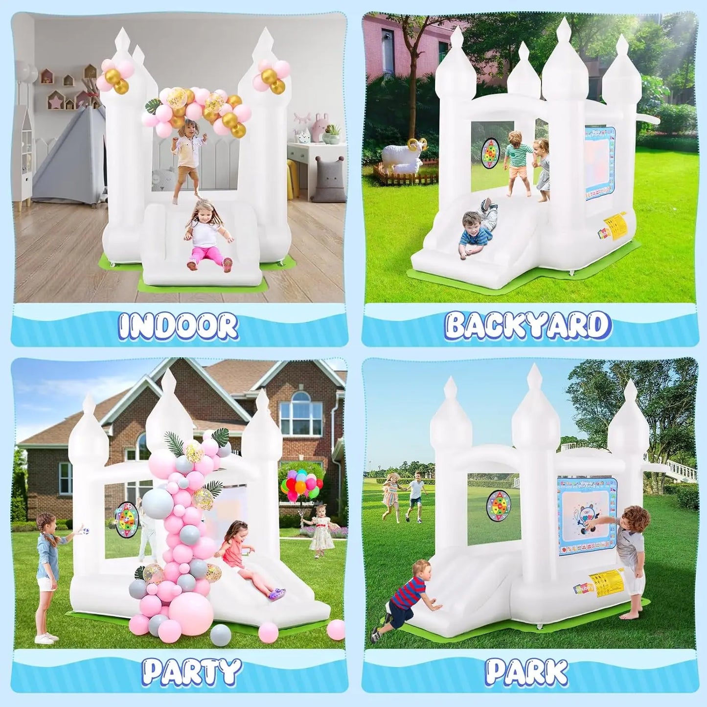 White Bounce House Indoor/Outdoor for Kids 2-8 with Balloons, Magical Water Canvas, Dart Target Balls, Bar Dart Set, Basketball,
