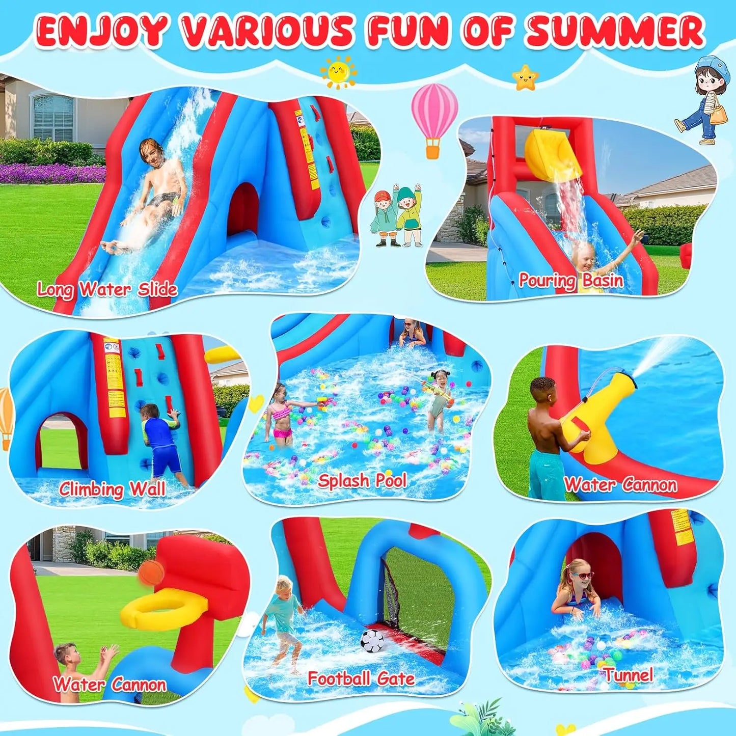 Inflatable Water Slide for Kids Backyard 9-in-1 Blow Up Water Park with 470W Blower, Dump Bucket, Adventure Play Tunnel, Splash