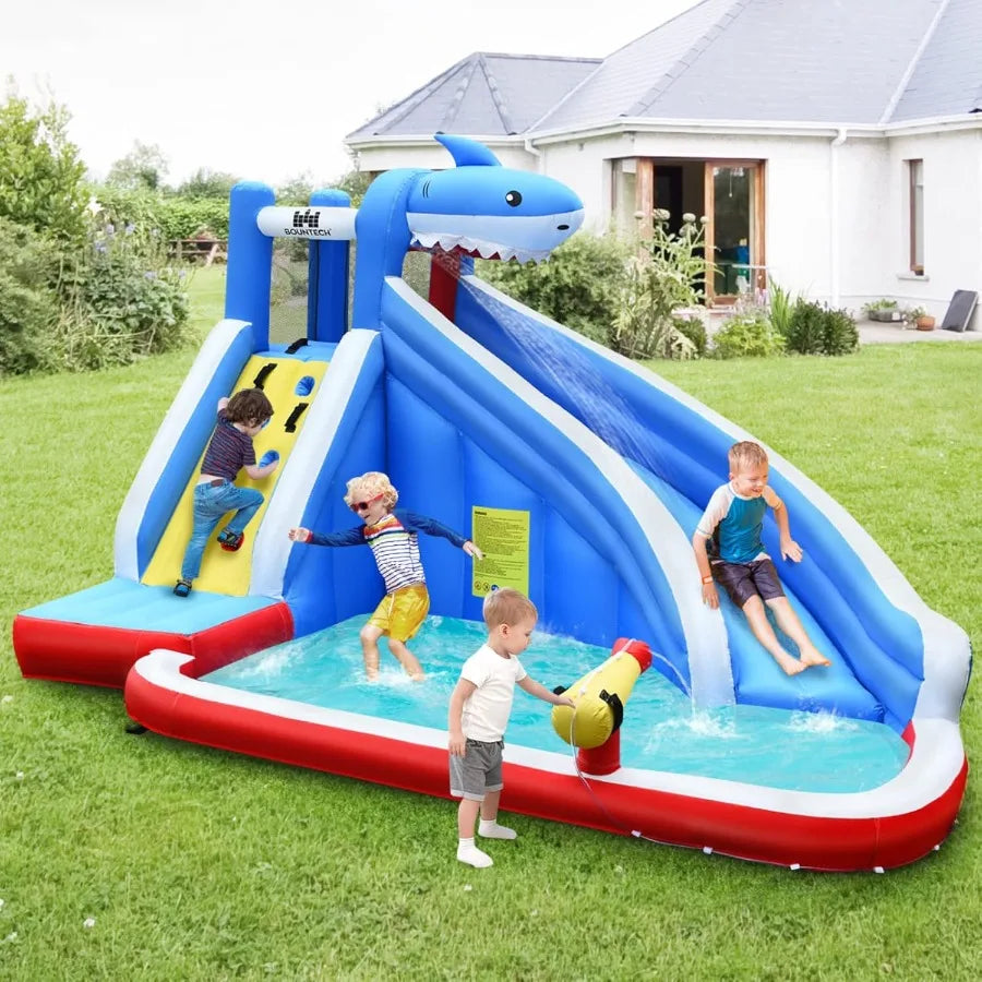 Inflatable Water Slide Shark Water Slide Park Jump Castle Bounce House w Long Slide Climbing Water Cannon Splash Pool Backyard