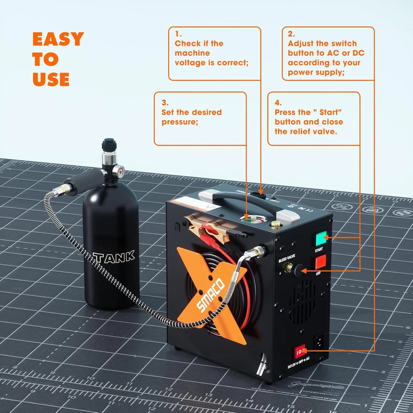 SMACO Portable PCP Air Compressor 4500Psi/30Mpa High Pressure Air Compressor for Paintball/Scuba Tank  HPA Pump Fill Station