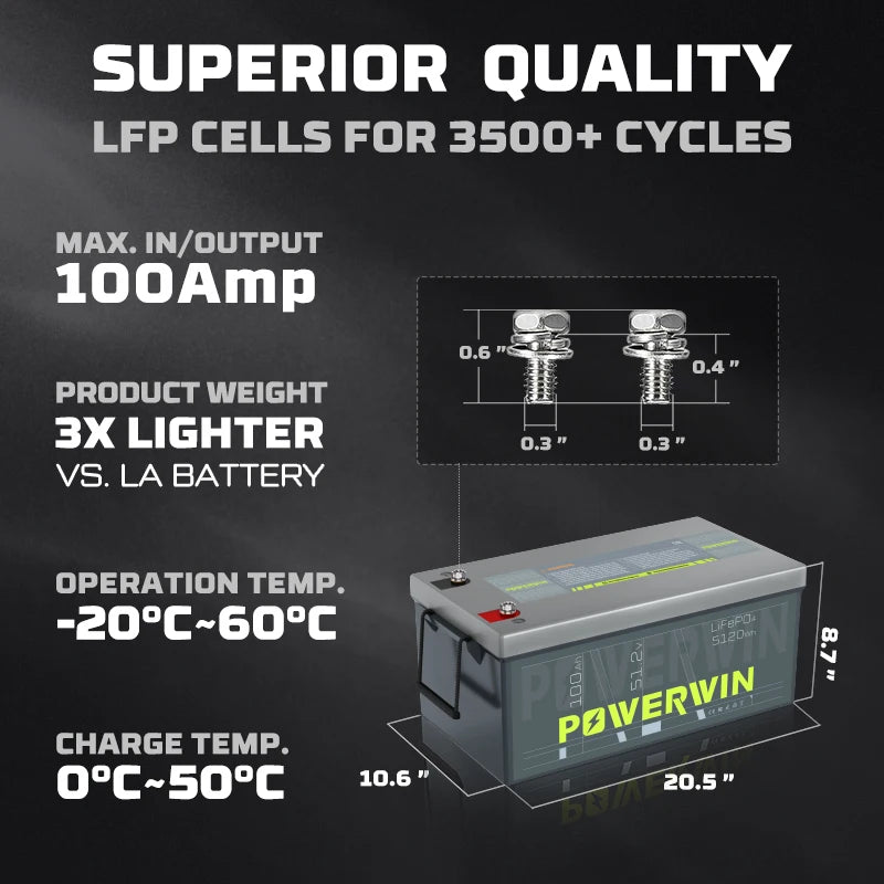 POWERWIN BT5120 LiFePO4  Built-in BMS Deep Cycles Solar Rechargeable Durable 51.2V 100Ah 5120Wh Solar Generator