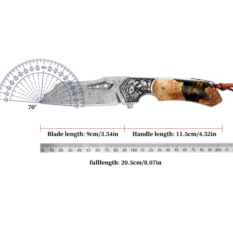 High Quality Damascus Steel Pocket Folding Knife with Resin Maple Handle, Men's Outdoor Knife, Survival Adventure Hunting Knife