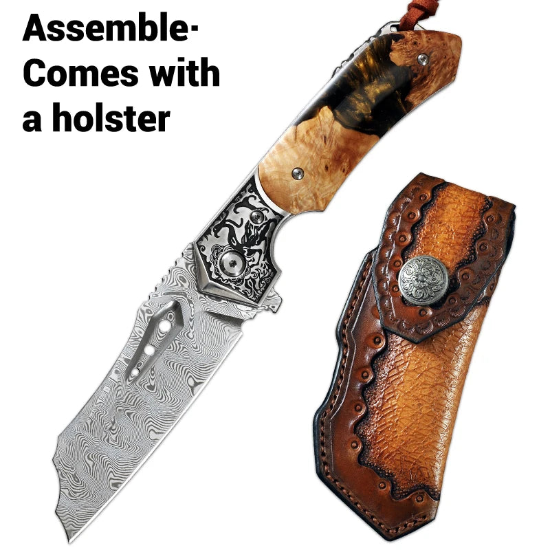 High Quality Damascus Steel Pocket Folding Knife with Resin Maple Handle, Men's Outdoor Knife, Survival Adventure Hunting Knife