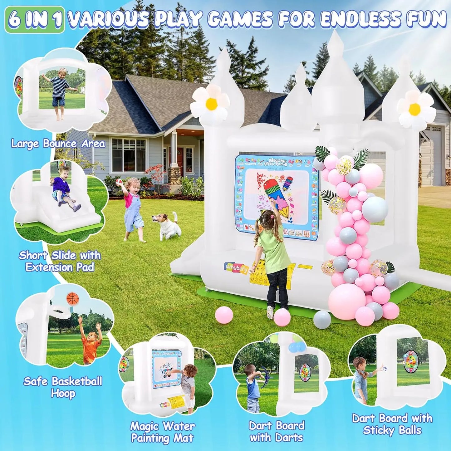 White Bounce House Indoor/Outdoor for Kids 2-8 with Balloons, Magical Water Canvas, Dart Target Balls, Bar Dart Set, Basketball,