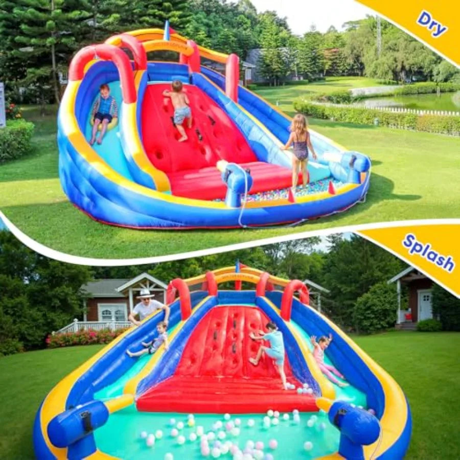 Inflatable Water Slide Bounce House with Dual Water Cannons and Slides 750W Blower for Dry Wet Play Splash Pool and Climbing Wa
