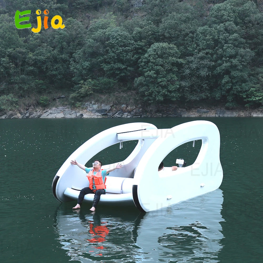 Stock Inflatable Catamaran Pontoon Boat Tubes with Steering & Fishing Rod Holder Electric House Boat For Ocean Lake Water Play