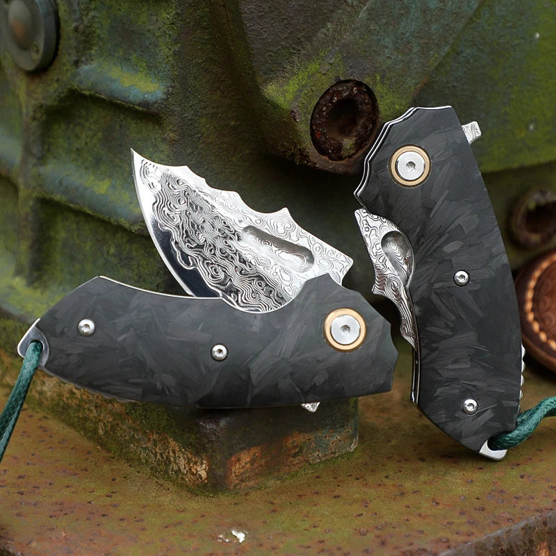 Canivete dobrável em aço de Damasco, canivete para homem e mulher, canivete de aventura para caça ao ar livre e acampamento