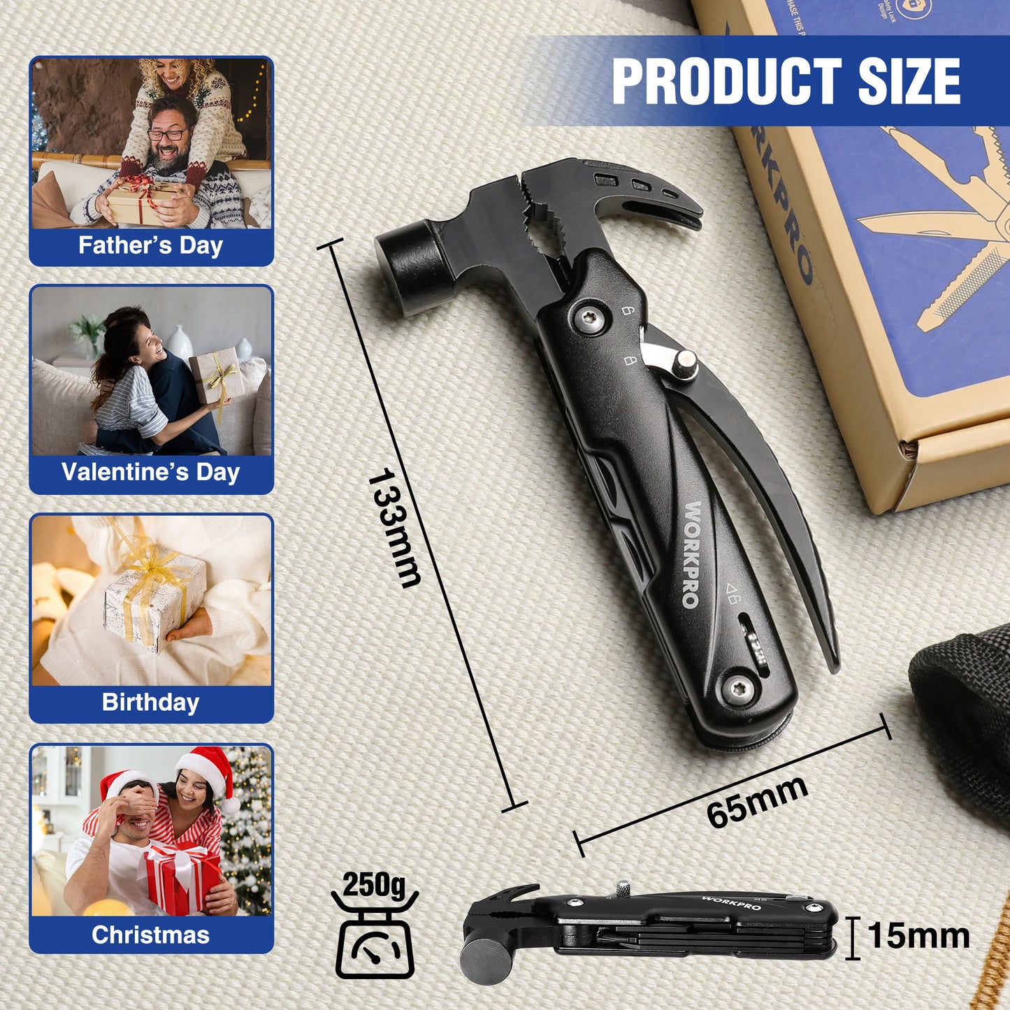 WORKPRO 12 in 1 Hammer Multitool Portable Stainless Steel Multitool Claw Hammer With Sheath for Outdoor Survival Camping Hunting